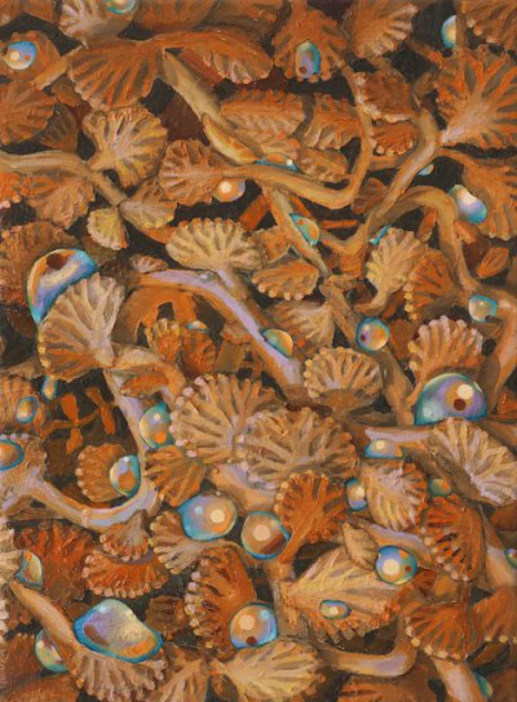 E.M.C. Collard: g.p.t.s.t.s.n. - coral, deep gold, mauve, cadmium red, sienna and blue airborne succulent, or fungus (flying mushroom salad), 2018, Öl auf Leinwand, 40 × 30 cm | © Foto: E.M.C. Collard