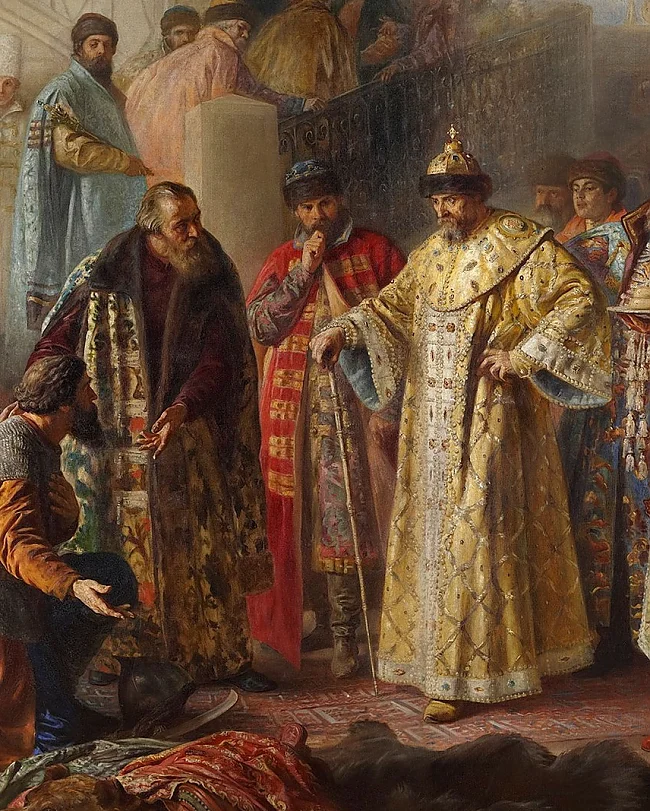 Die Gesandten von Jermak Timofejewitsch bringen Iwan die Kunde von der Eroberung Sibiriens. Gemälde von Stanislaw Rostworowski, 1884 (Ausschnitt)