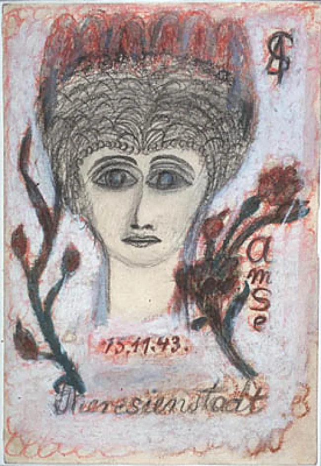 Amalie Seckbach: Junge Frau mit Krone und Blumen, Farbstift und Pastell auf Papier, 24 x 16.5 cm (gemalt 1943 in der Haft im Ghetto Theresienstadt, signiert 15. November 1943)