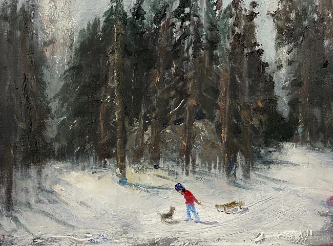 Armin Völckers: Hundeschlitten, 2023, Öl auf Leinwand, 30 x 40 cm