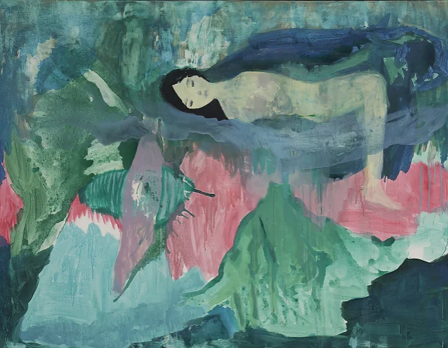 Ankalina Dahlem; Floating woman, 2022, Acryl auf Leinwand, 140 x 180 cm