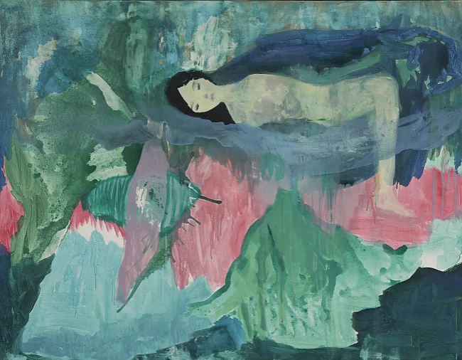 Ankalina Dahlem; Floating woman, 2022, Acryl auf Leinwand, 140 x 180 cm