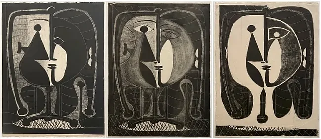 Pablo Picasso: Drei Original-Lithographien, außergewöhnlich seltene komplette Folge des Motivs, je 65 x 50 cm