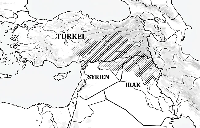 „Geografische Lage des Siedlungsgebiets Kurdistan (Türkei, Syrien, Irak, Iran)“ | &copy; Bildquelle: Erstellt mit KI (Gemini / Google) / Public Domain