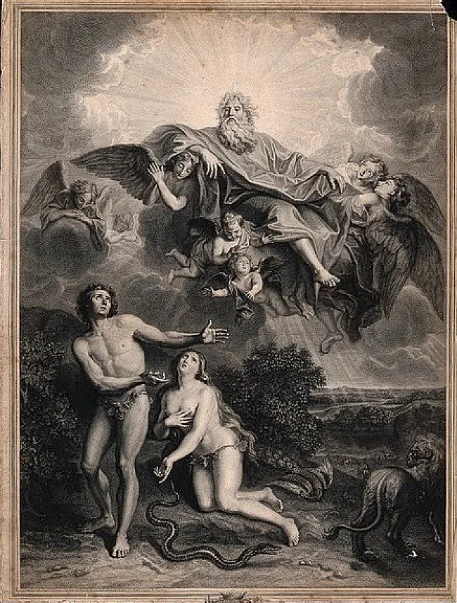 Gott sieht unbeeindruckt zu, wie Adam Eva die Schuld an der Übertretung gibt;  ca. 1720 | © wikimedia commons