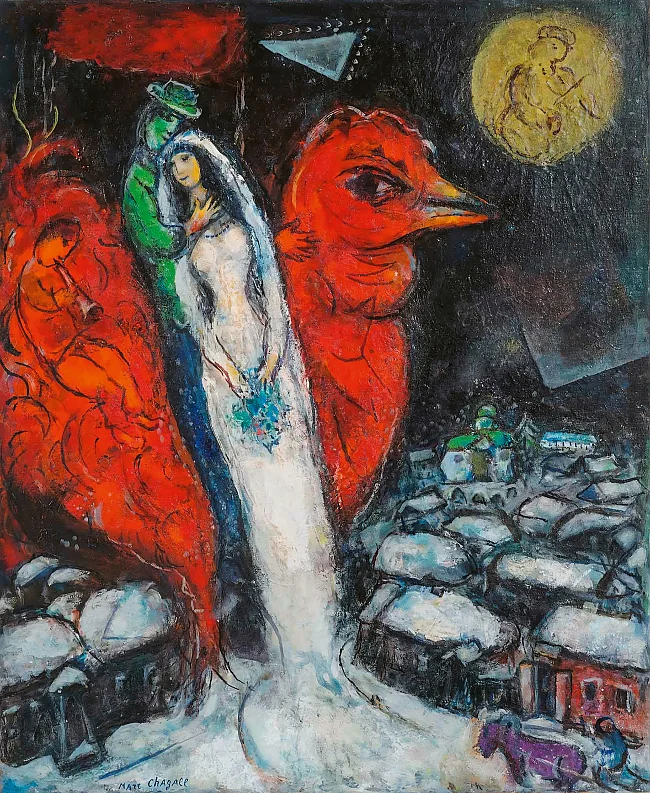 Marc Chagall, Liebespaar mit rotem Hahn, 1956-1965, Les amoureux au coq rouge, Öl, Gouache, Tempera und Tinte auf Leinwand, 81 x 66 cm, Privatsammlung Deutschland, Courtesy Samuelis Baumgarte Galerie | © VG Bild-Kunst Bonn 2024