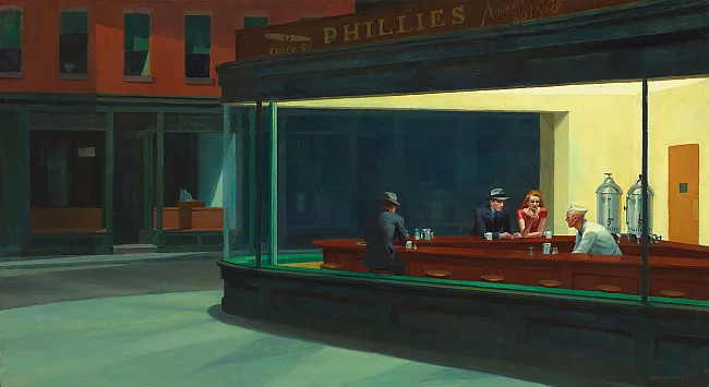 Edward Hopper, Nighthawks, 1942, Art Institute of Chicago. | &copy; Heirs of Josephine N. Hopper / Licensed by Artists Rights Society (ARS), New York. Quelle: Wikimedia Commons.
