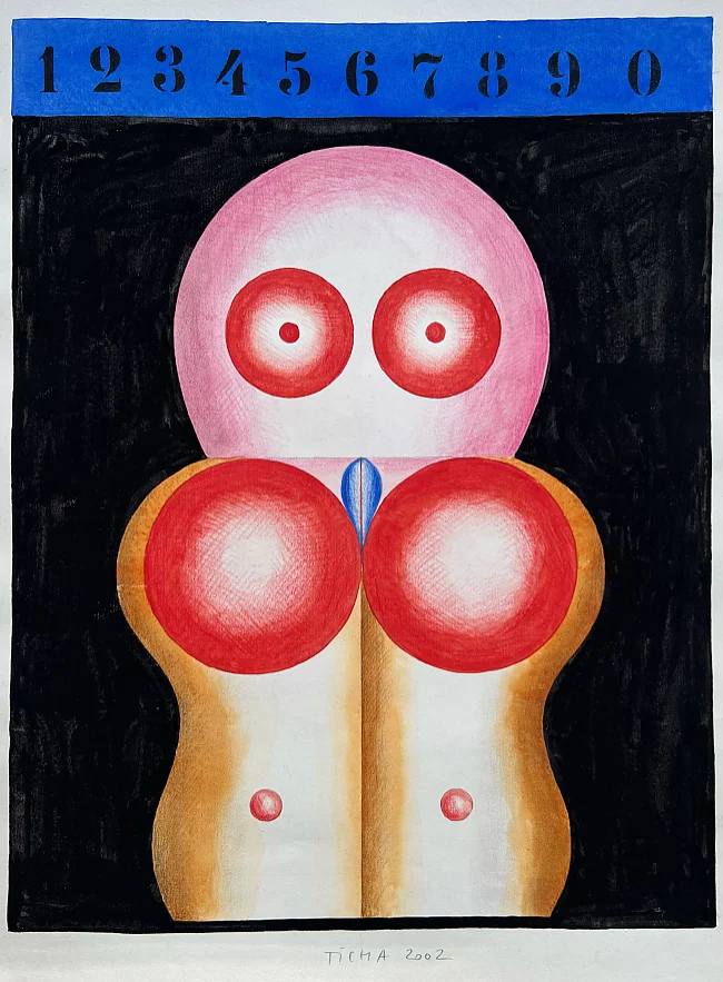 Hans Ticha: Idol auf schwarz, 2002, Aquarell, Bleistift und Farbstift auf handgeschöpftem Bütten, 45,6 x 36,2 cm | © Galerie Hanna Bekker vom Rath