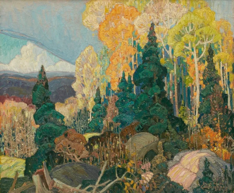 Franklin Carmichael, „Autumn Hillside“, 1920 Öl auf Leinwand, 76 × 91,4 cm, Schenkung der J.S. McLean Collection, Toronto, 1969; gestiftet von der Ontario Heritage Foundation, 1988. | © Foto: Art Gallery of Ontario L69.16