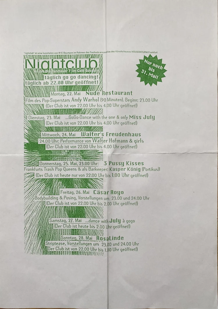 Flyer der Installation „nightclub“ im Café Eckstein | © Foto: Adorján Kovács
