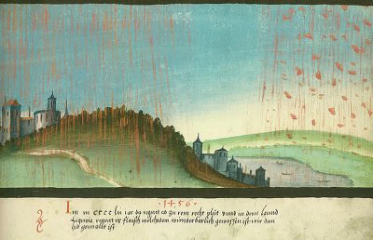 „Blutregen“, Unbekannter Künstler, um 1552 (Ausschnitt), Gouache | © Foto: Augsburger Wunderzeichenbuch, Tafel 81 | Wikimedia Commons