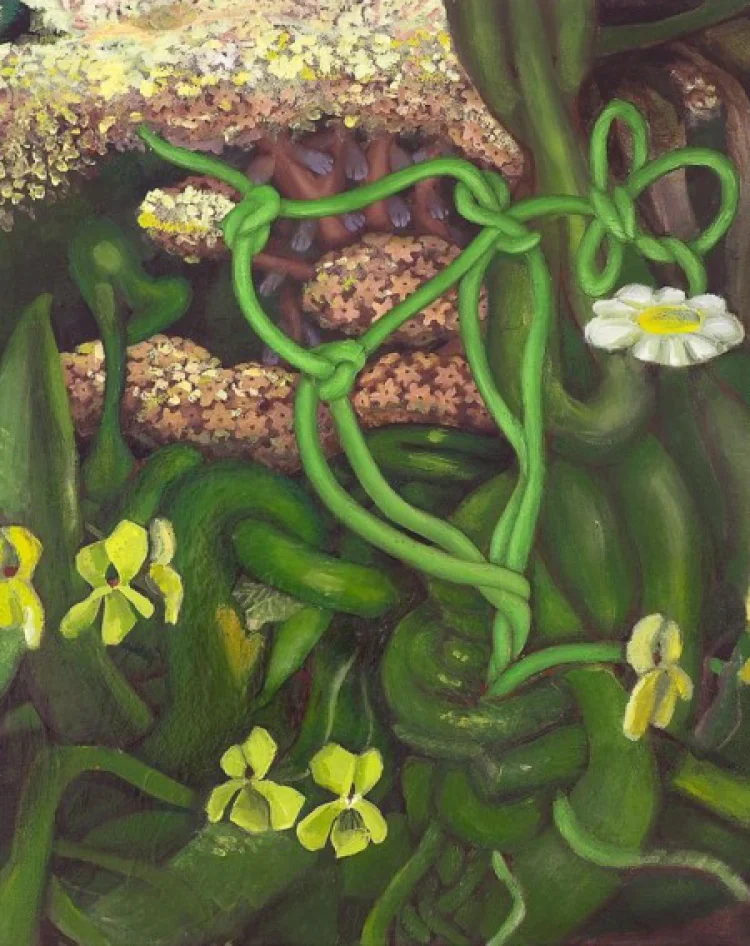 E.M.C. Collard: g.p.t.s.t.s.n. - pastoral floral with green violets and daisy, 2018, Öl auf Leinwand, 50 x 40 cm | © Foto: E.M.C. Collard