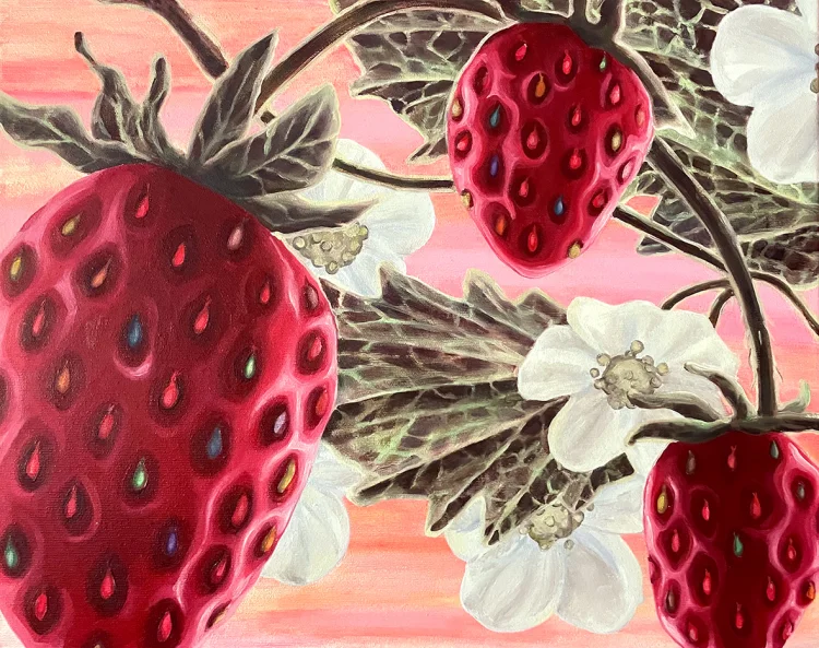 E.M.C. Collard: strawberries contre-jour, sunrise, 2023, Öl und Acryl und Pigment auf Leinwand, 40 x 50 cm