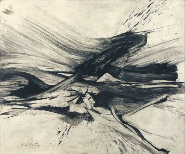 Karl Otto Götz: Hommage à Melville, 1960, Mischtechnik auf Leinwand, 145 × 175 cm, Museum Kunstpalast, Düsseldorf – Stiftung Sammlung Kemp | © Foto: Foto: Museum Kunstpalast – Horst Kolberg – ARTOTHEK VG Bild-Kunst, Bonn 2017