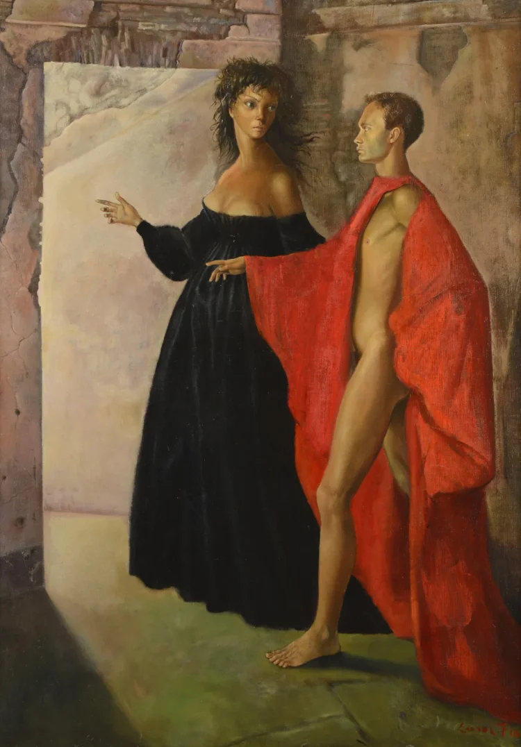 Leonor Fini, Im Turm (Selbstporträt mit Constantin Jalenski), 1952, Öl auf Leinwand, 90,8 x 64,8 cm | &copy; Foto: VG Bild-Kunst, Bonn 2026, FAMM (Femmes Artistes du Musée de Mougins) / The Levett Collection