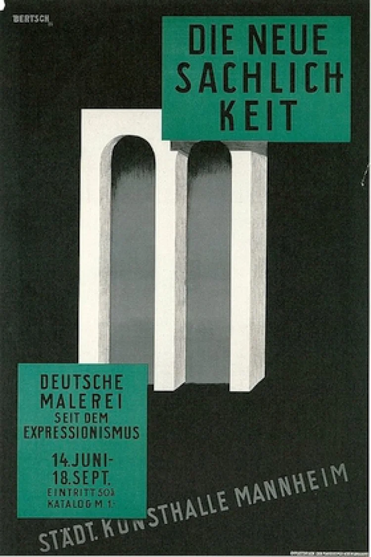 Plakat zur Ausstellung NEUE SACHLICHKEIT von 1925 in Mannheim  | © Foto: Plakat: Karl Bertsch (Architekt, Designer) (1873–1933) – Scan aus Christiane Friese: Plakatkunst 1880 – 1935. Klett-Cotta, Stuttgart 1994, Bild-PD-alt, https://de.wikipedia.org/w/index.php?curid=8874914