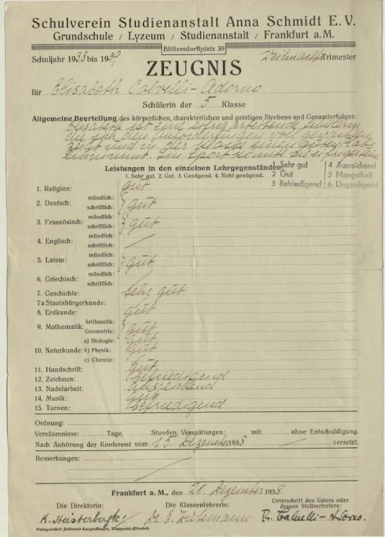 Zeugnis der Anna-Schmidt-Schule für Elisabeth Calvelli-Adorno, 20.12.1938 | © Foto: Deutschen Nationalbibliothek, mit freundlicher Genehmigung der Familie